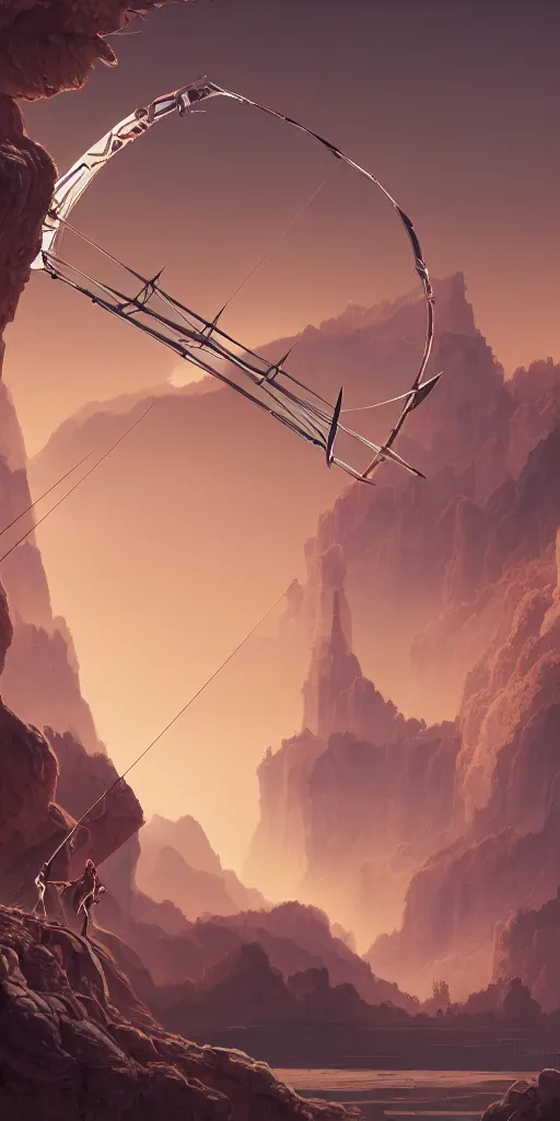 Prompt: a beautiful delicate huge mega bow and arrow, solid background, electron flow, android, machinery, metal, fine texture structure, hyper detailed, perfect shadows, atmospheric lighting, 3 d render, in the style of pascal blanche and sparth juan raphael lacoste paul pepera pablo roldan, 4 k hd