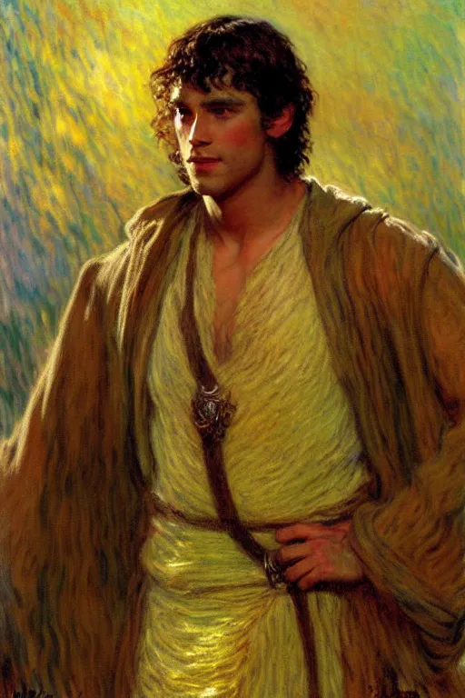 Prompt: attractive male, the lord of the rings, painting by, gaston bussiere, craig mullins, j. c. leyendecker, claude monet