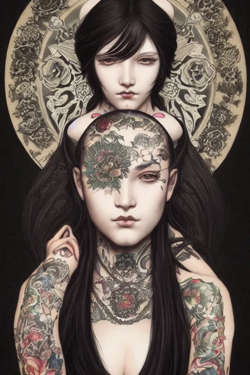 Prompt: portrait of goth yakuza girl tattoos, piercing, intricate, elegant, highly detailed, digital painting, artstation, concept art, smooth, sharp focus, illustration, art by artgerm and greg rutkowski and alphonse mucha and william-adolphe bouguereau