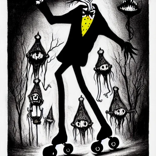 Prompt: black and white trippy full body depiction of dracula the vampire roller skating on roller skates, drawn by martin rowson, tim burton, alex pardee, nekro petros afshar, james mcdermott, tim burton, cgsociety, awesome, stunning, 4 k