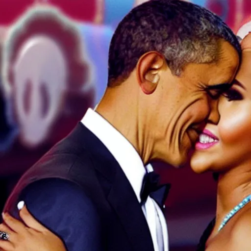 Image similar to barack obama hugging nicki minaj from behind, highly detailed illustration