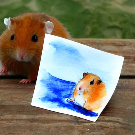 Prompt: A hamster made out of iron in a boat on a river, watercolors by 5 year old