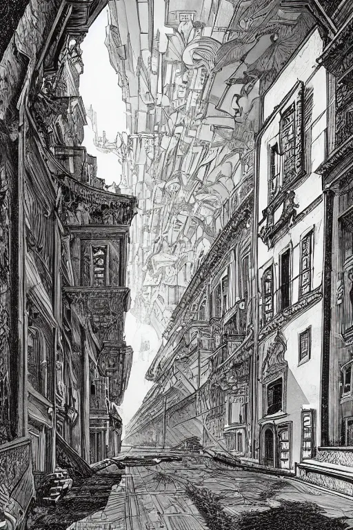 Prompt: portal to a baroque city in a parallel universe; by François Schuiten, by Giovanni Battista Piranesi, by Pendleton Ward