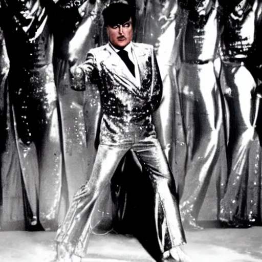 Prompt: A movie still of Mussolini wearing a disco suit in Satuday Night Fever