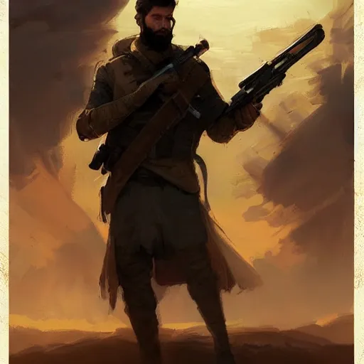 Prompt: handsome, brown - bearded far - future resistance fighter wearing shemagh and carrying slender laser rifle with bayonet by greg rutkowski, deak ferrand, anato finnstark, and rembrandt