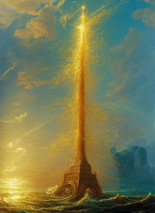 Prompt: a delicate sparkling gold fantasy tower splashes upwards from a turbulent ocean, dramatic lighting, rich colors, sunlight shimmering off the tower and the water and the spray, beautiful painting by Thomas Cole