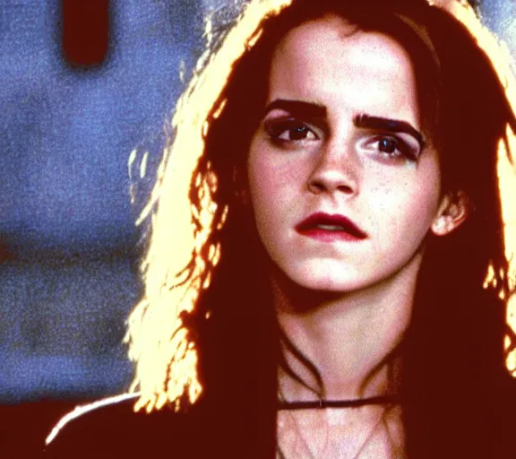 Prompt: color still shot of emma watson in film the craft 1 9 9 6, face closeup,