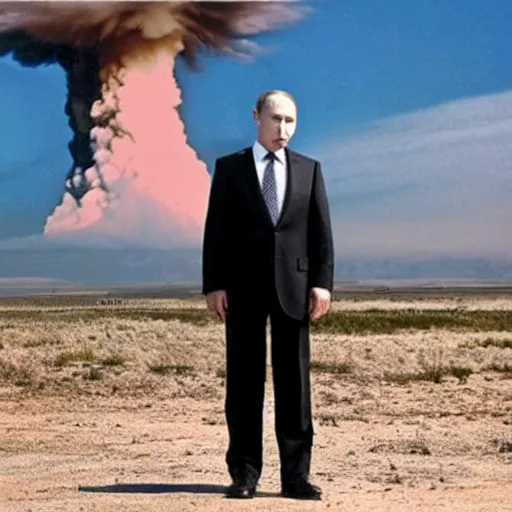 Image similar to putin standing next to nuclear explosion