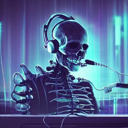 Prompt: cyberpunk skeleton with headphones playing synthesizer, smoke, lights, lasers, highly detailed, realistic,