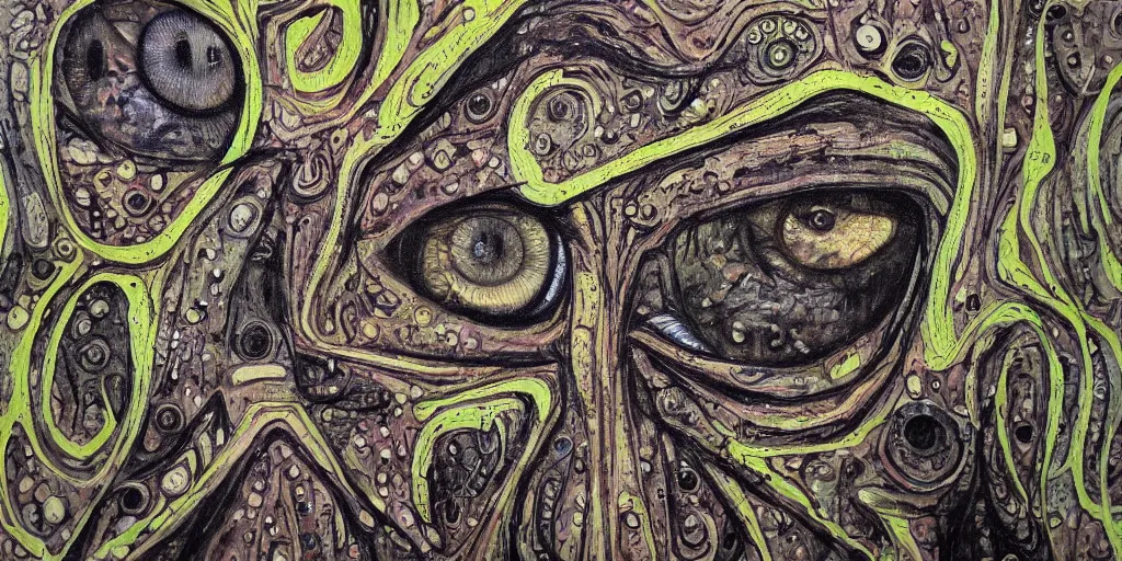 Image similar to camo of eyes, technical, acrylic, teeth, eerie, tribal, clay, dots, lines, stipple, points, grid, cybernetic, old painting, francis bacon, swirly eyes, hypnosis, eerie, sharp