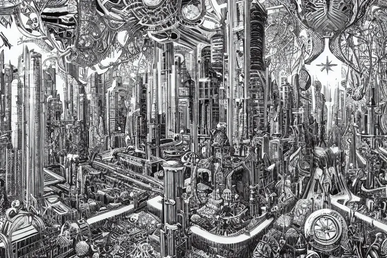 Prompt: future cityscape by Joe Fenton and Ernst Haeckel