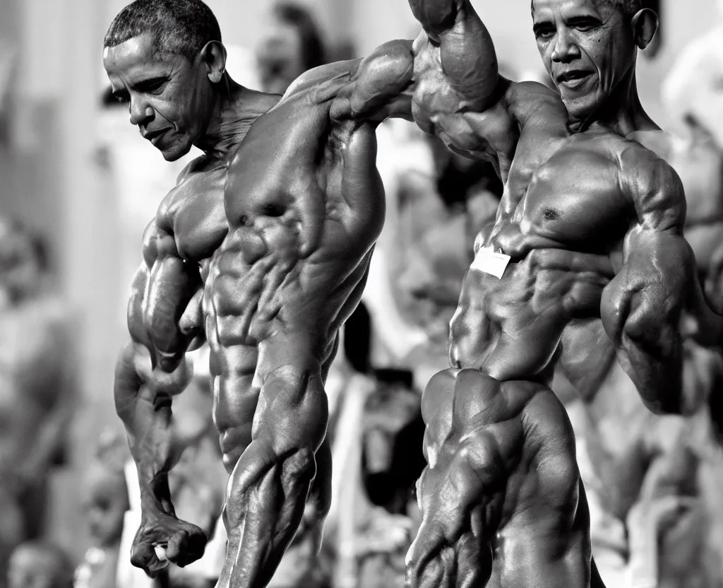 Prompt: Obama in bodybuilding contest, Ripped, Buffed Obama, GigaChad, Black and White, Noir