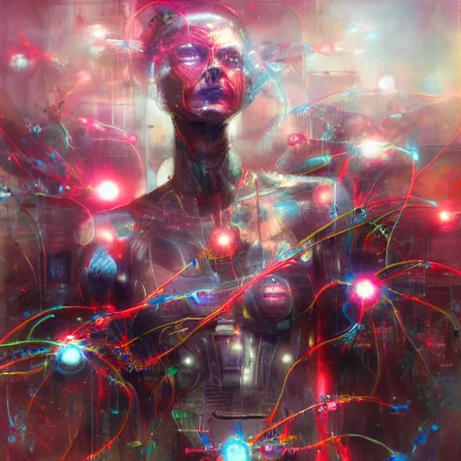 Image similar to cybernetic beings connecting to the global network by raymond swanland, highly detailed, bright tones