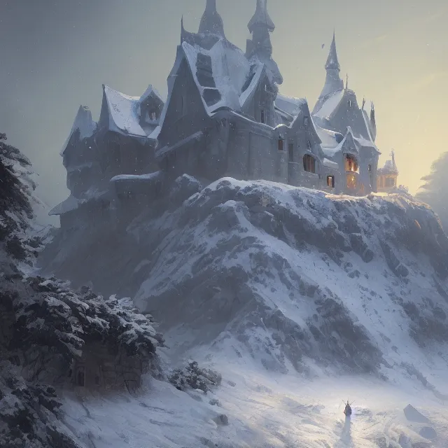 Prompt: a painting of a castle in the middle of a snowy mountain, a detailed matte painting by andreas rocha and greg rutkowski, blue light, night time, midnight, featured on artstation, fantasy art, matte drawing, matte painting, artstation hq