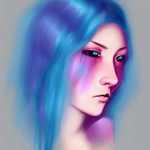 Prompt: a girl with blue hair, pink gradient background, trending on artstation