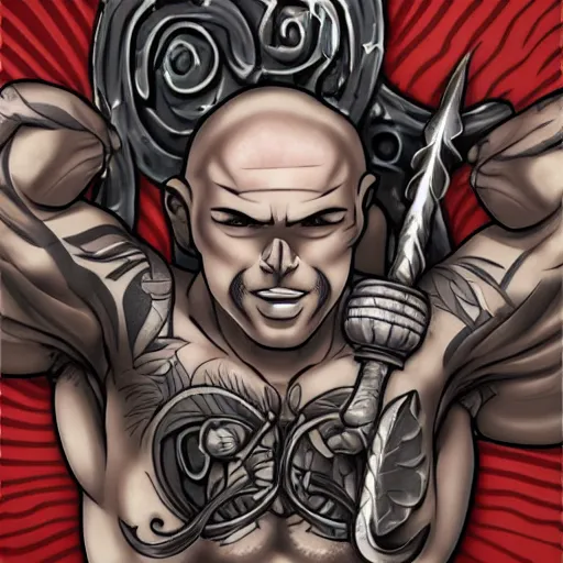 Image similar to muscular bald man, tattooed body, sword in hands, HD, anime style,