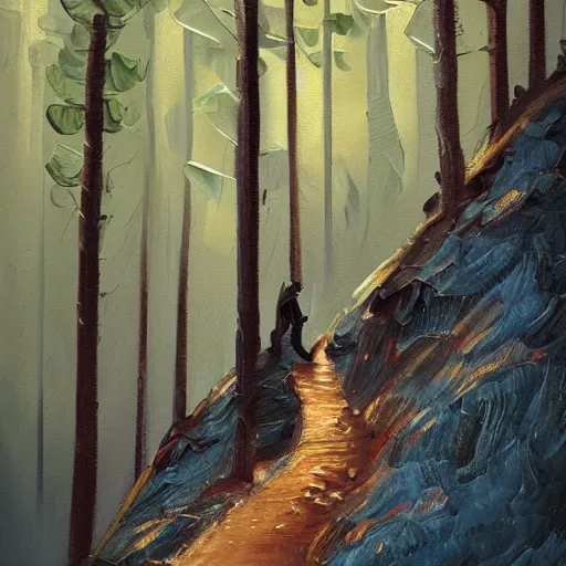 Prompt: man biking up a steep forest hill with a deep dark blue sweater. sweaty. Oil painting. Emotional. Trending on artstation. Steep. Nordic Trees. Rustic. Artistic.