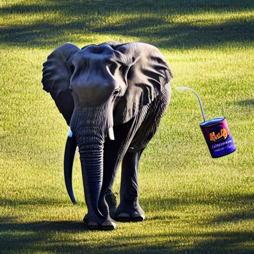 Image similar to an elephant is drinking from a straw into a can of red bull that is 4 0 feet tall