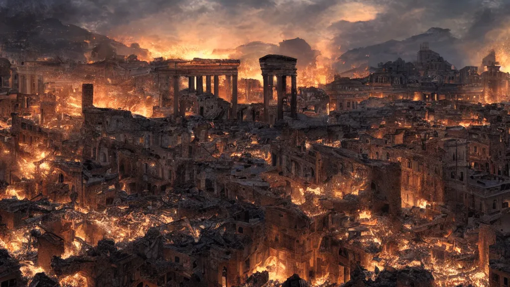 Prompt: fires and rubble of roman buildings and mostly destroyed roman buildings after a raid, volumetric lighting, beautiful scenery, hd, hdr, cinematic 4k wallpaper, 8k, detailed, high resolution, artstation, early medieval, realistic, Rome, Roman Monuments