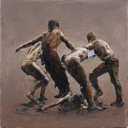 Prompt: 3 drunks fall over mud - wrestling,, oil painted ( ( ( ( ( ( by richard serra ) ) ) ) ) )