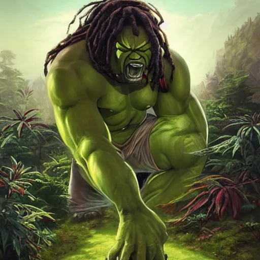 Image similar to snoop dog as hulk fights giant ganja plant, highly detailed, concept art, art by wlop and artgerm and greg rutkowski, masterpiece, trending on artstation, 8 k