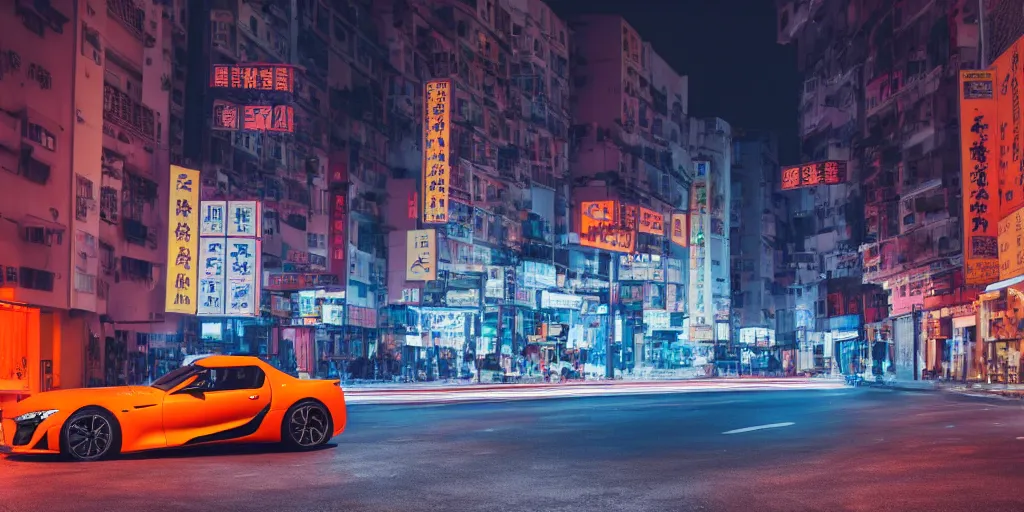 Image similar to orange supra in the middle of a road on the night Hong Kong china town, blue color grading, cinematic color grading , unreal 5, hyperrealistic, realistic, photorealistic, dynamic lighting, highly detailed, cinematic landscape, studio landscape, studio lighting