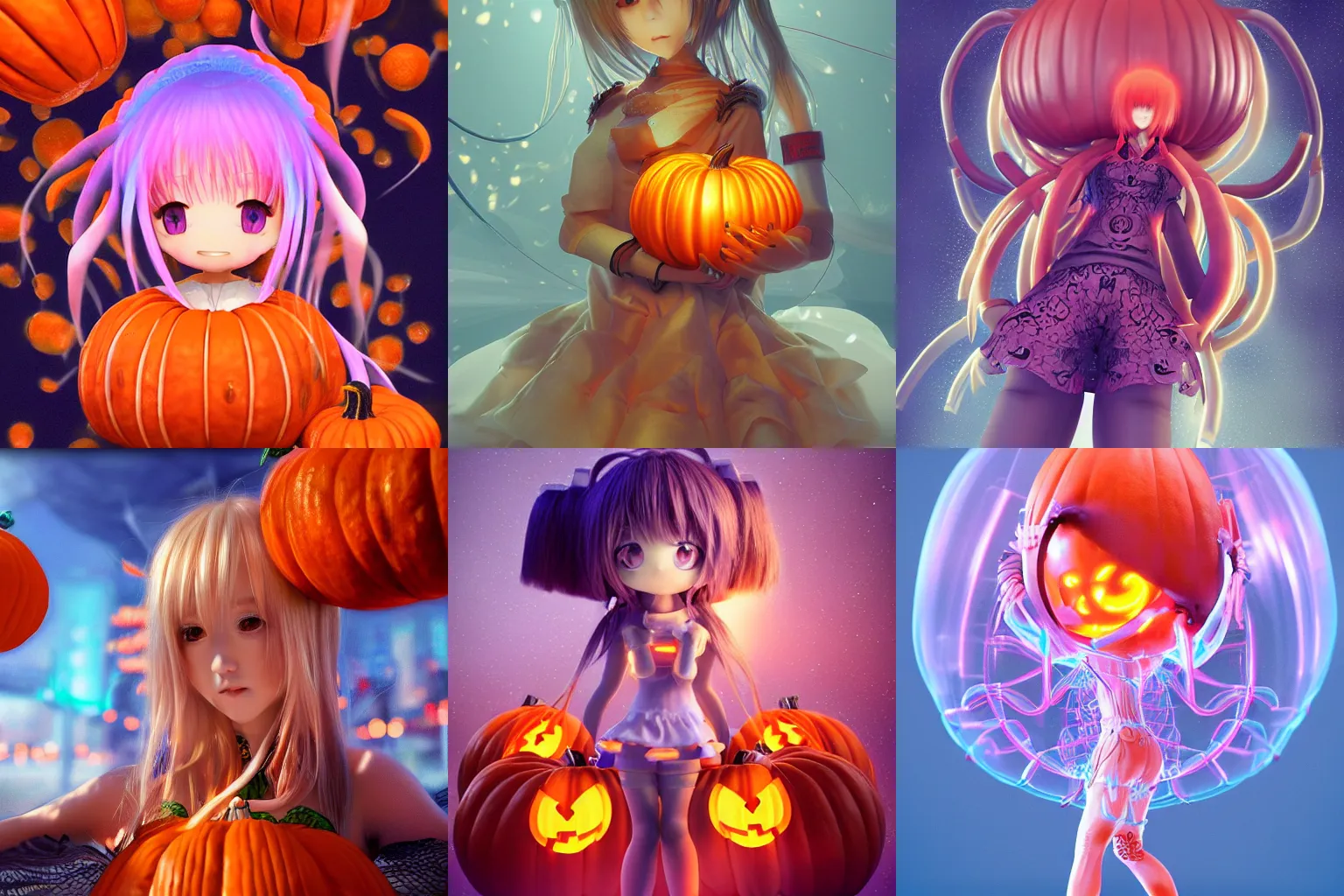 Image similar to intricate anime girl wearing a pumpkin artwork jellyfish bio-mechanical bio-luminescence, octane render, trending on artstation, hyper realism, 8k, fractals, patterns