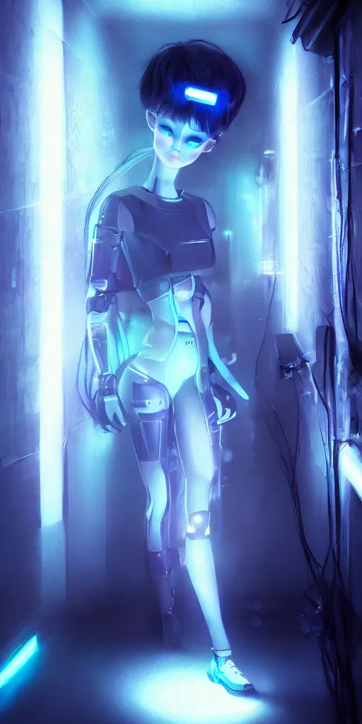 Prompt: blue cyber porcelain doll with led eyes. standing in middle of dark hallway. volumetric light on back. broken neon lighting. cyberpunk. high details, pixive, kuvshinov, photorealistic, artstation trending. dark mood. anime, akira.