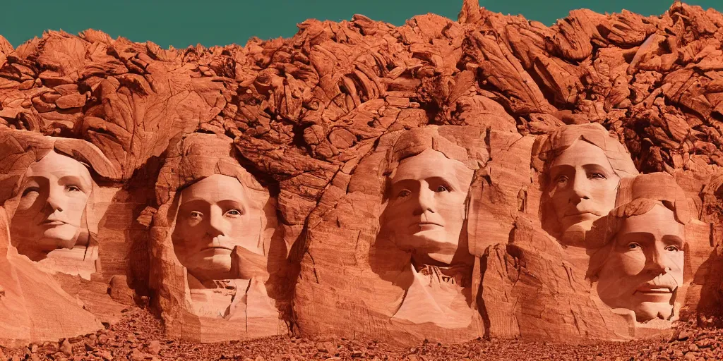 Image similar to statues of queens and empresses carved into a red mountain range on mars, sci - fi, landscape, mount rushmore