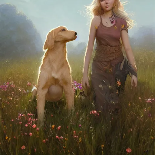 Prompt: blond chiweenie and blond goldendoodle, field of flowers, oil painting, Tooth Wu, Greg Rutkowski, RPG portrait, dynamic lighting, fantasy art, High contrast, depth of field