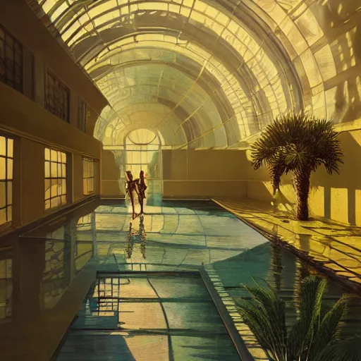 Image similar to indoor liminal space, golden light, peter tarka, palm trees, minimalistic, hyperrealistic surrealism, award winning masterpiece with incredible details, epic stunning, infinity pool mirrors, a surreal vaporwave liminal space with mirrors, highly detailed, trending on artstation, artgerm and greg rutkowski and alphonse mucha, daily deviation