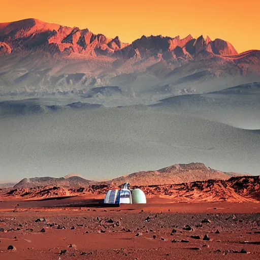 Prompt: a science outpost on mars with mountains in the background during sunset, landscape, photograph, realistic, photography, contrast