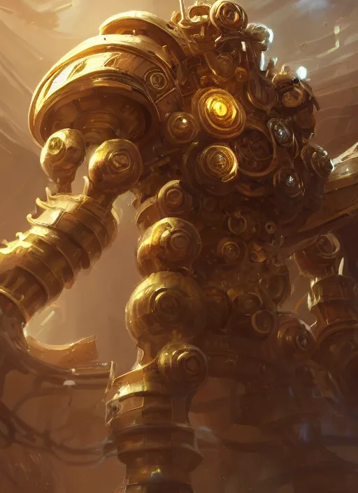 Image similar to a highly detailed illustration of gentle colossal golden mechanical gear giant, with cute doting eyes, intricate, elegant, highly detailed, centered, digital painting, artstation, concept art, smooth, sharp focus, league of legends concept art, wlop.