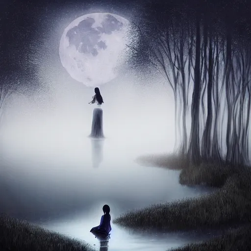 Image similar to a girl sits on the roots of an ancient tree looking at a pond surrounded by a dark towering forest at midnight, the moon can be glimpsed through the trees, everything is veiled by fog, dark fantasy, night time, realistic painting