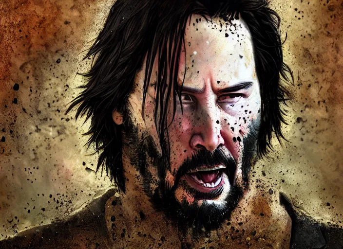 Prompt: a fat, angry keanu reeves wallowing in a mud pit, cosmic horror painting, elegant intricate digital painting artstation concept art by mark brooks and brad kunkle extreme detail 4 k