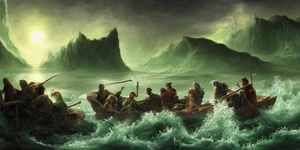 Prompt: high quality, realistic fantasy painting of Charon ferrying souls over luminescent green River Styx