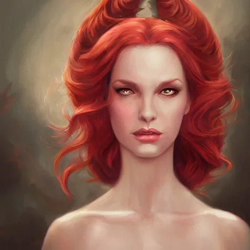 Image similar to a detailed matte head - on portrait painting of an middle - aged tiefling elegant and distinguished noblewoman with golden eyes and short long flowing red hair, by charlie bowater, lise deharme, wlop, tending on arstation, dungeons and dragon, dnd, pathfinder, fanart, oil on canvas