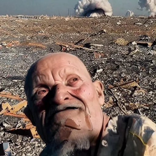 Prompt: last selfie of last alive ukrainian very damaged body to bones after a nuclear strike, a nuclear explosions in the background, dead bodies everywhere, 2 0 2 2