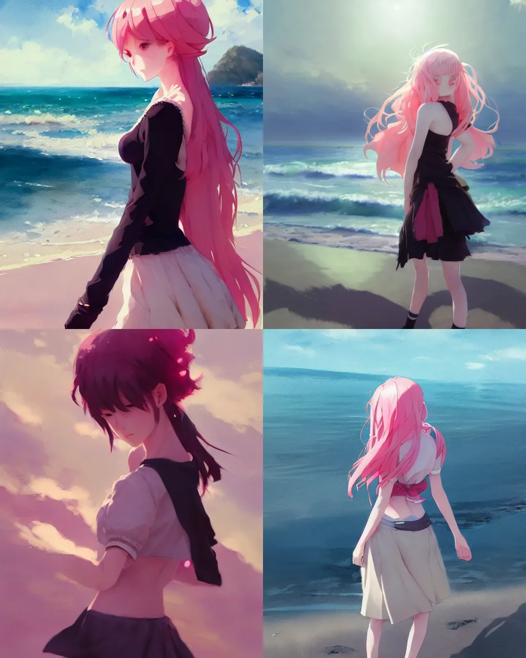 Prompt: a girl with pink hair and black skirt, at the seaside, a beautiful half body illustration, side backlight, perfect shadow, soft painting, reduce saturation, leaning towards watercolor, art by hidari and krenz cushart and wenjun lin