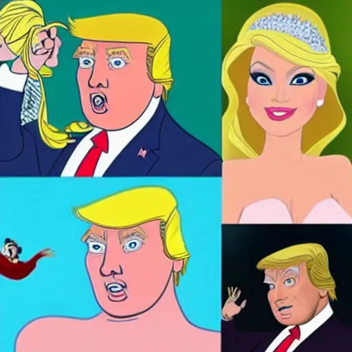 Image similar to A portrait of Donald Trump as a Disney princess, in the style of a Disney cartoon