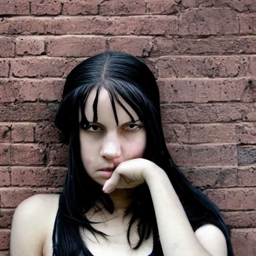 Image similar to a photograph of an emo goth girl sitting on a brick wall on a hot day, 2006, black hair, English, depth of field