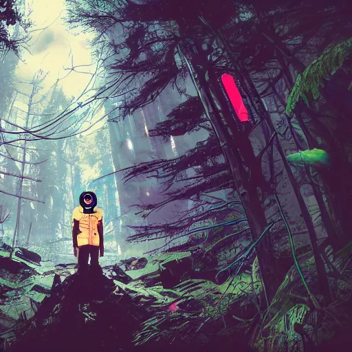 Prompt: in the style of ghostshrimp and deathburger and laurie greasley a young mixed race male explorer wearing a cyberpunk headpiece who is exploring in an enchanting and lush forest , low angle fish eye lens, highly detailed, 8k wallpaper