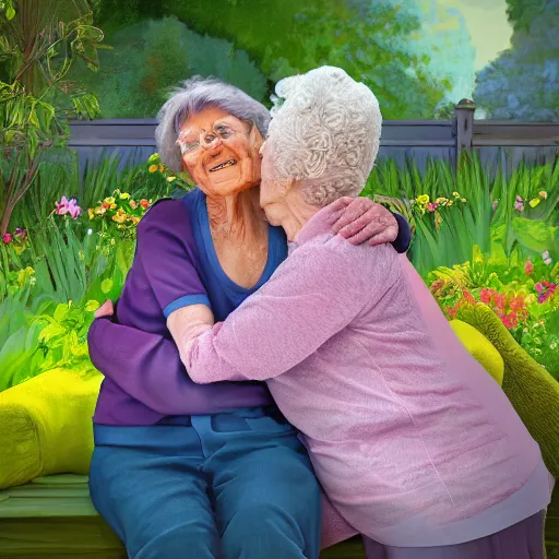Image similar to A photo of 95-year-old lady hugging her 75-year-old daughter in a garden, concept art, trending on art station, 4k, 8k, high detailed, photorealistic