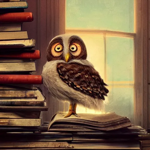 Image similar to long shot of a very cute plushy owl with closed eyes sitting on a pile of antique books, by esao andrews, by james jean, humorous illustration, hyperrealistic, big depth of field, fresh colors, dim light, 3 d octane render conceptart, 4 k, hyperdetailed, trending on artstation