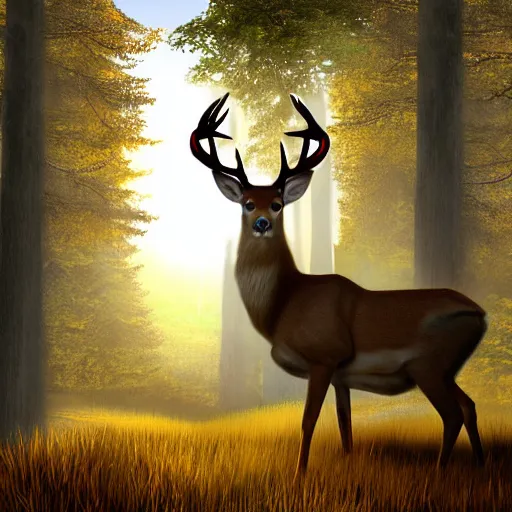 Prompt: alert buck white tail deer with large antlers standing on top of a hill with light shining through the trees in the early morning, global illumination, volumetric shadows, volumetric lighting digital painting, trending on artem, trending on deviantart,