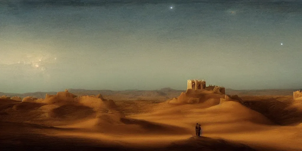 Prompt: desert landscape at night with arabian palace on horizon