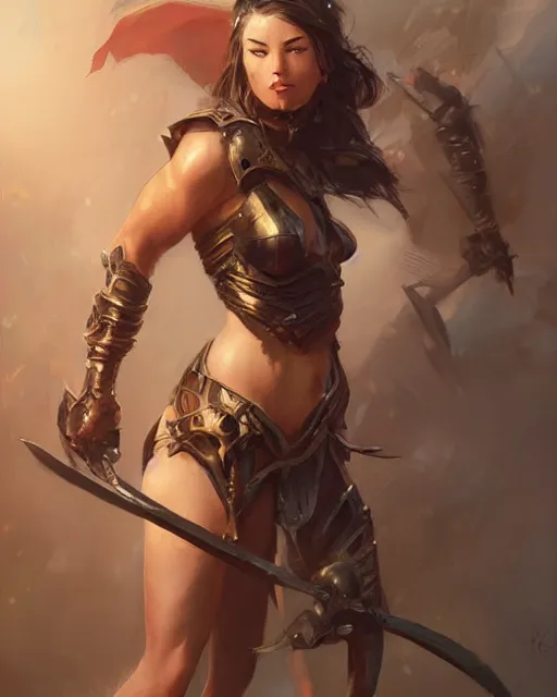 Prompt: beautiful female warrior by stanley artgerm lau, wlop, rossdraws, frank frazetta, andrei riabovitchev, marc simonetti, tranding on artstation