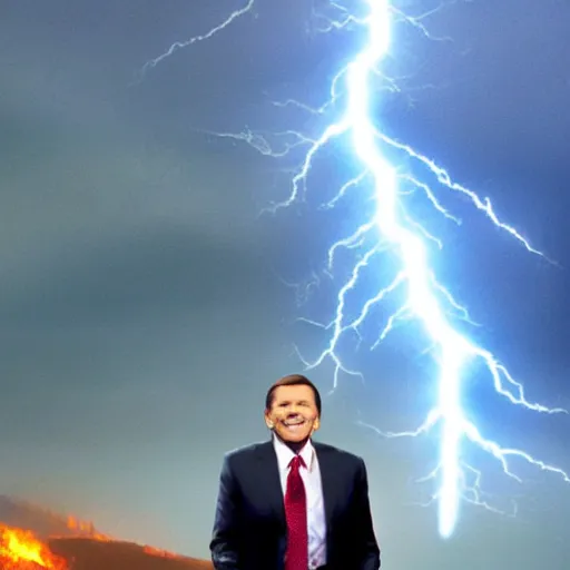 Image similar to kenneth copeland struck by lightning bold from the sky, fire around, open field