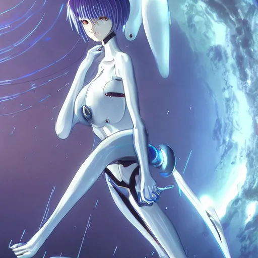 Image similar to Rei Ayanami female anime character, technological big shiny silver liquid chrome rings, inside an otherworldly planet, shot from the ground by Yoshiyuki Sadamoto, otherworldly experimental environment concept, digital art, trending on artstation, low level, 4K UHD image, octane render, Howl's Moving Castle, tranquil divine observer Nymph by ismail inceoglu nicola samori dragan bibin hans thoma greg rutkowski Alexandros Pyromallis Nekro, Jeffrey Smith, Surrealism, Rene Margitte illustrated, official anime key media, 8k, Sharp, zdzisław beksiński, highly detailed