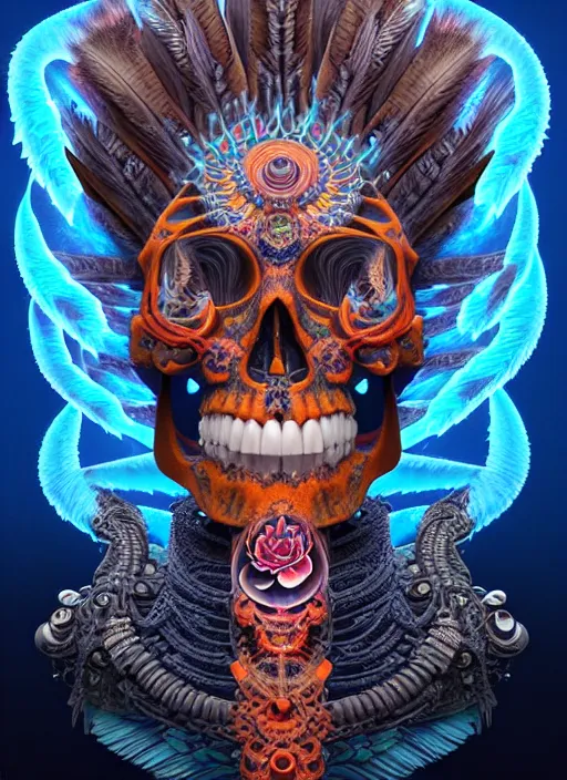 Image similar to 3 d shaman with tattoos profile portrait, sigma 5 0 0 mm f / 5. beautiful intricate highly detailed quetzalcoatl skull and feathers. bioluminescent, plasma, lava, ice, water, wind, creature, thunderstorm! artwork by tooth wu and wlop and beeple and greg rutkowski, 8 k trending on artstation,